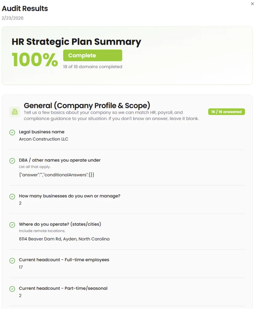 Strategic HR audit questionnaire screen
