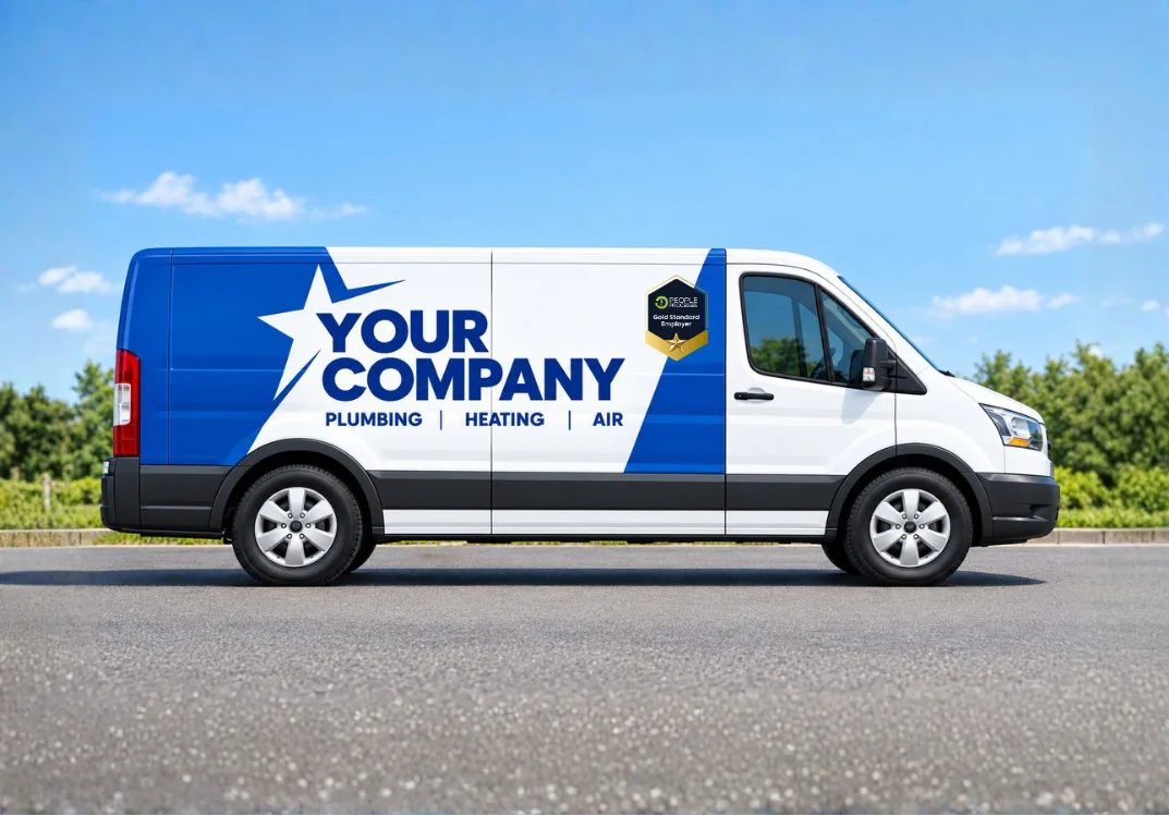 Illustration: a company service van with the People Processes Gold Standard Employer badge on its door